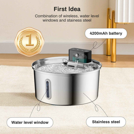 3.2L Stainless Steel Automatic Ultra Quiet Cat Water Fountain with Viewing Window, Lithium Battery Pump & Circulating Flow - Pawembrace.com