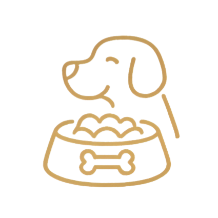 Dog with food bowl icon, slow feeder pet bowl, outlined line art illustration