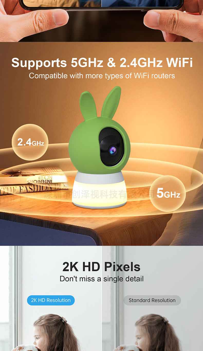 Home Night Light Security Camera - Warm Light 2K HD Night Vision, 360° Pan-Tilt PTZ Rotation, iCSee App Remote Viewing, Safe Eye-Friendly Baby/Pet Monitor - Pawembrace.com