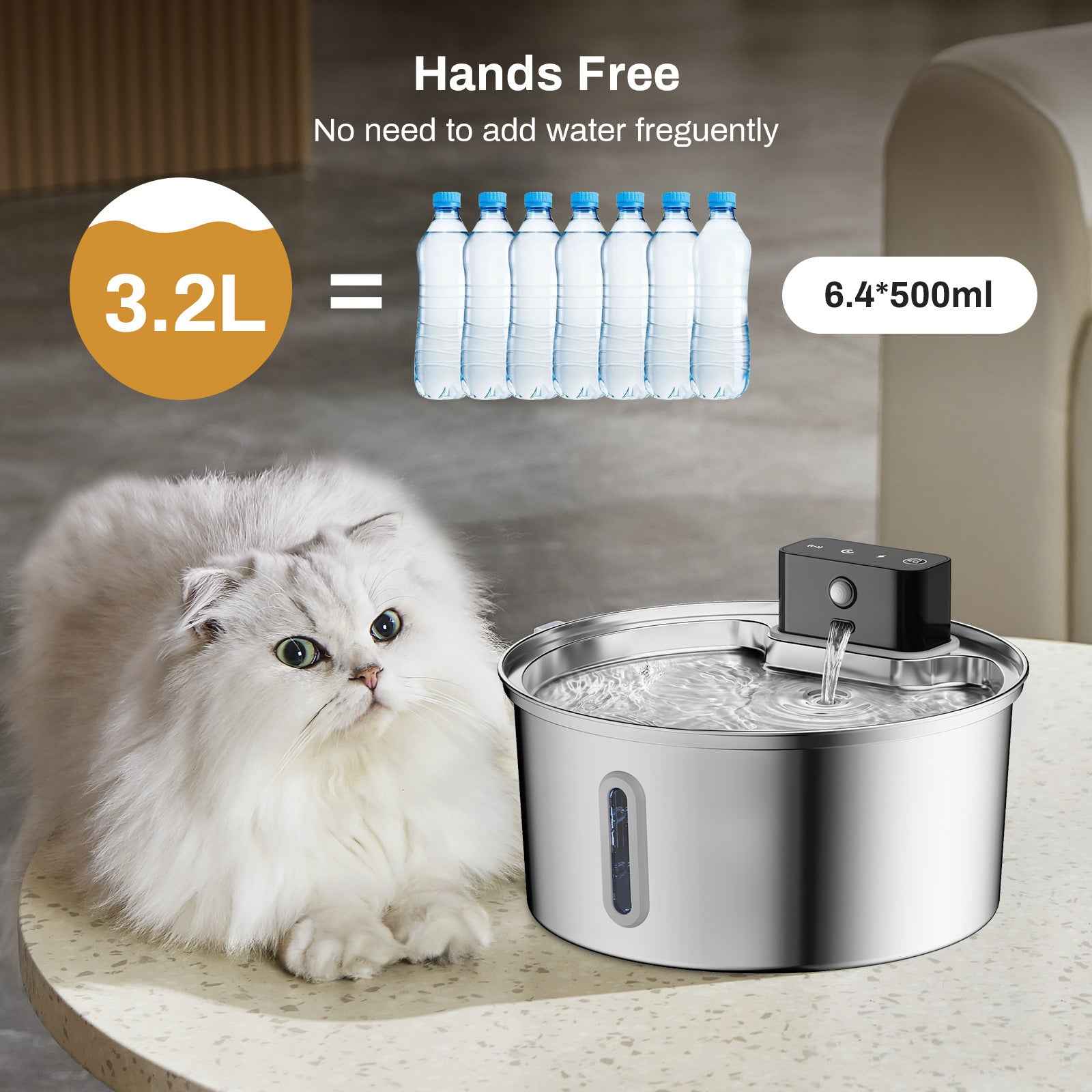 3.2L Stainless Steel Automatic Ultra Quiet Cat Water Fountain with Viewing Window, Lithium Battery Pump & Circulating Flow - Pawembrace.com