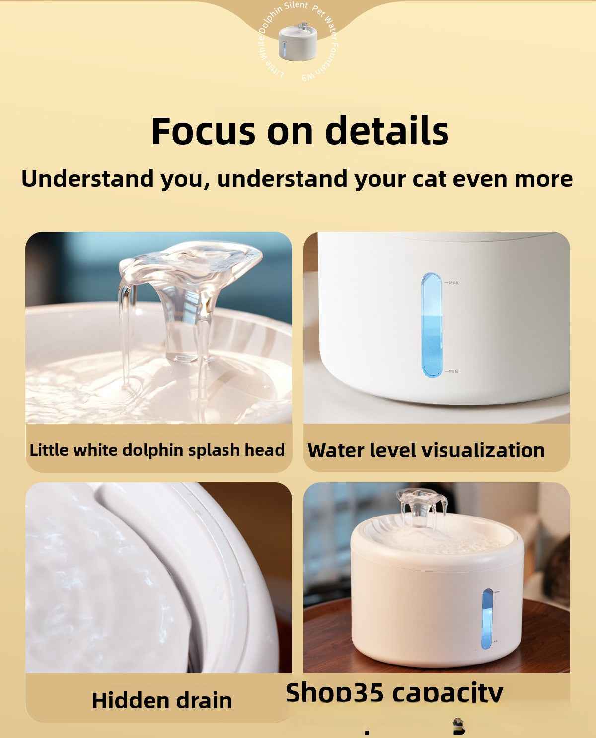 2.4L Automatic Ultra Quiet Cat Water Fountain with Wireless Pump and Real Flowing Water