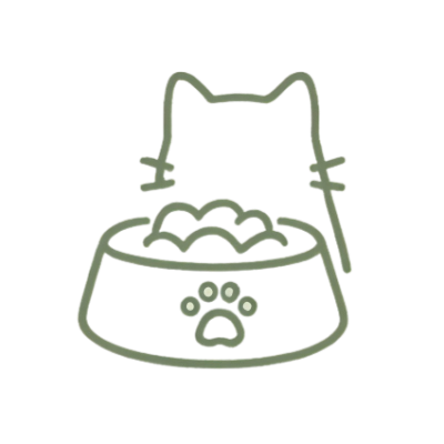 Cat outline with slow feeder bowl line art, paw print detail, minimalist pet logo